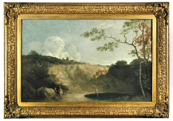 A Castle In Wales With Figures Conversing By A Lake Oil Painting by Richard Wilson