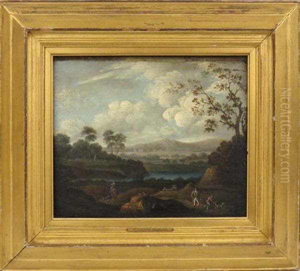 Landscape With Travelers On A Road, Mountains In Distance Oil Painting by Richard Wilson