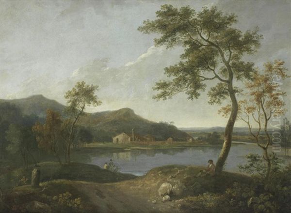 Figures Resting On A River Bank, A Village Beyond In A William Kent Style Frame Oil Painting by Richard Wilson