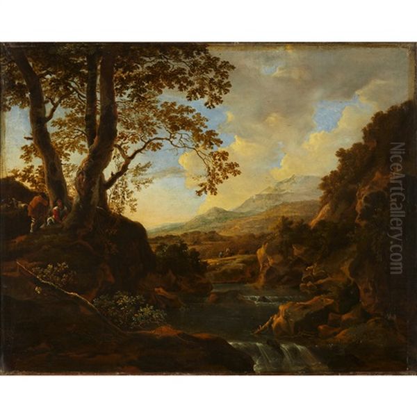 Travellers In An Extensive Landscape Oil Painting by Richard Wilson