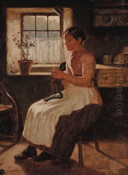 Untitled - Knitting By The Window Oil Painting by Thomas Wilson