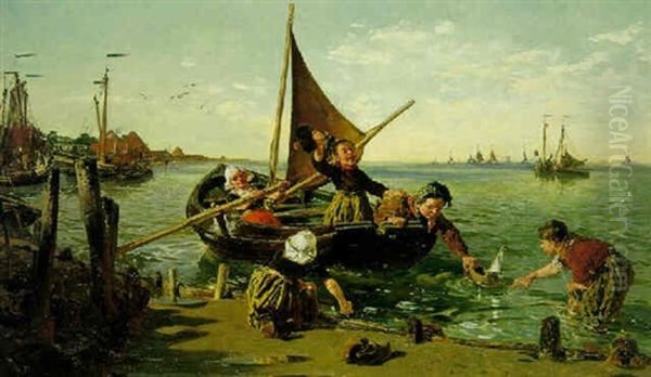 Children Playing In A Boat: Mischief Afloat Oil Painting by Thomas Walter Wilson