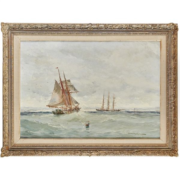 Fishing Vessel And Merchantman Off The Coast Oil Painting by William Wilson