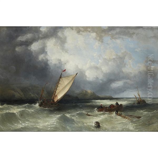 French Fishing Boats Off Gris-nez Oil Painting by John Wilson