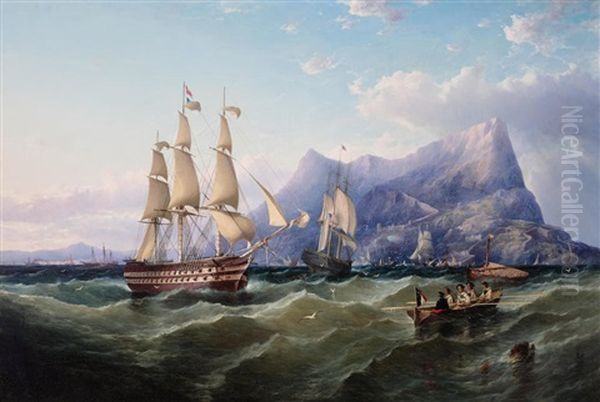 A View Of The Rock Of Gibraltar With Frigates And A Dinghy With Figures In The Foreground Oil Painting by John Wilson