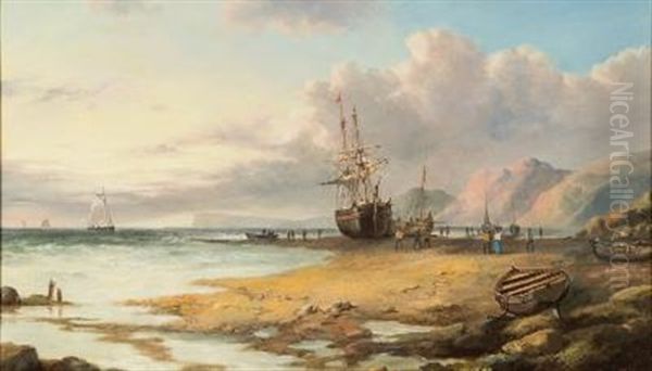 Fishing Boats On A Shore At Low Water Oil Painting by John Wilson