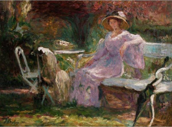 Woman Seated On A Bench In A Garden Oil Painting by Louise Brohee