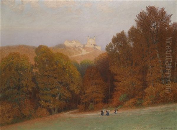 Am Kahlenberg, Blick Auf Den Leopoldsberg, Oktoberabend Oil Painting by Hans Wilt