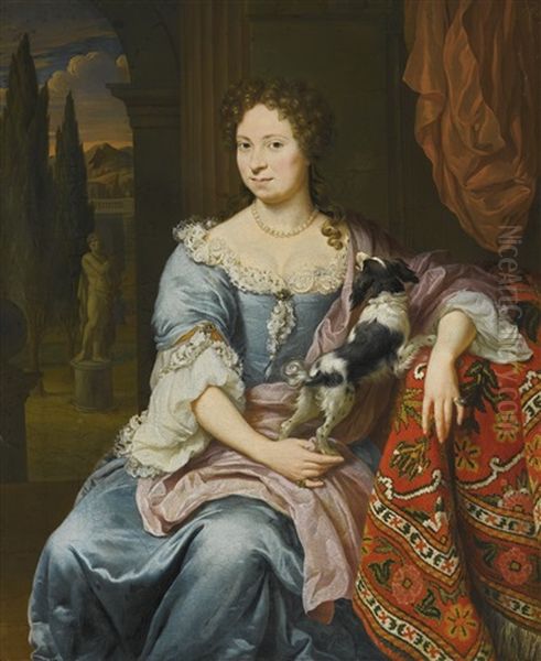 Portrait Of A Lady With Her Lap Dog, Seated, Three-quarter Length, Leaning With One Arm On A Table Draped In A Patterned Carpet Oil Painting by Thomas van der Wilt