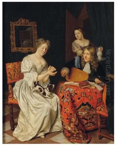 Interieur Galant Avec Elegante Au Chien Et Joueur De Luth Oil Painting by Thomas van der Wilt