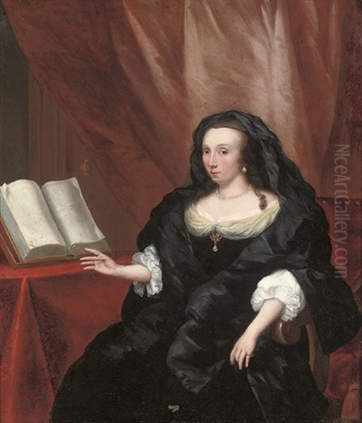 Portrait Of A Lady In A Black Dress And Wrap, An Open Book To Her Right Oil Painting by Thomas van der Wilt