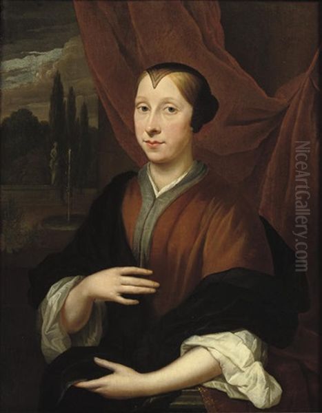 Portrait Of A Lady, In A Brown Dress, A Classical Garden Beyond Oil Painting by Thomas van der Wilt