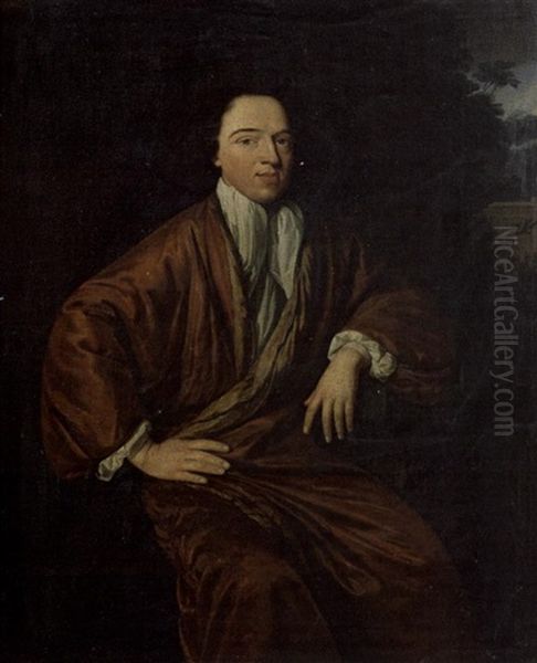 Portrait D'une Homme De Qualite, Assis Et Accoude Dans Un Parc, Portant Chemise Et Cravate Blanches Oil Painting by Thomas van der Wilt