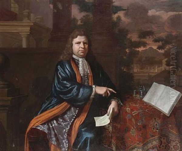 Portrait Of Francois Michel Le Telier, Marquis De Louvois, Seated Three-quarter-length, In A Blue Silk Coat, Holding A Plan Of A Military Fortification Before A Colonnade, A Park Landscape Beyond Oil Painting by Thomas van der Wilt