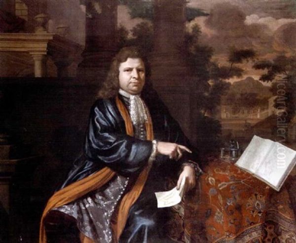 Portrait Of Francois Michel Le Tellier, Marquis De Louvois, In A Blue Silk Coat, Holding A Plan Of A Military Fortification Before A Colonnade, A Park Landscape Beyond Oil Painting by Thomas van der Wilt