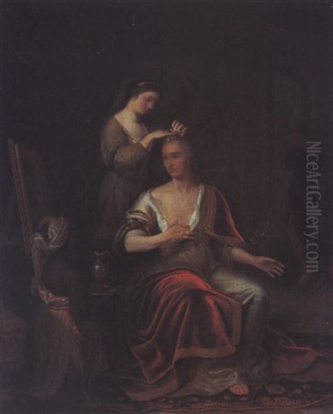 A Lady Making Her Toilet With Her Maidservant, A Black Servant Holding A Jug In The Foreground Oil Painting by Thomas van der Wilt