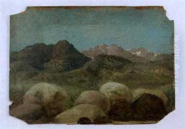 Rugged Landscape With Distant Snow-capped Mountain Peaks Oil Painting by Charles Wimar