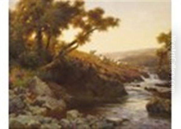 Sheep In A Moorland Landscape By A Stream Oil Painting by Henry B. Wimbush