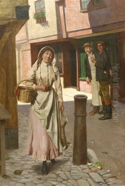 A Girl Turning Heads As She Returns From Market Oil Painting by John L. Wimbush