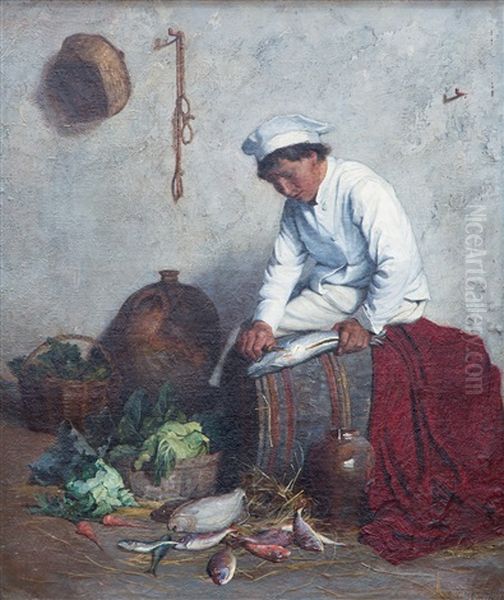 A Cook Preparing The Fish Oil Painting by John L. Wimbush