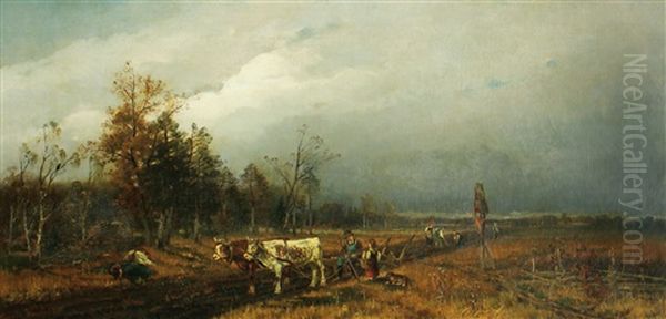 Bauer Mit Pflug Und Ochsen Beim Bestellen Des Ackers Oil Painting by Konrad Wimmer