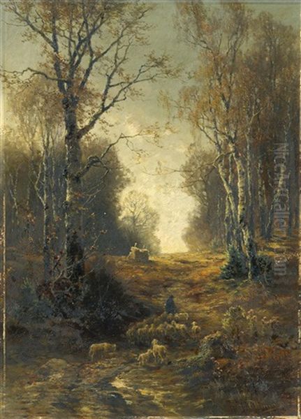 Hirte Mit Schafen Im Birkenwald Oil Painting by Konrad Wimmer