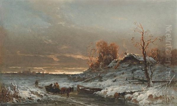 Winterlandschaft Mit Bauernhaus Und Pferdeschlitten Oil Painting by Konrad Wimmer