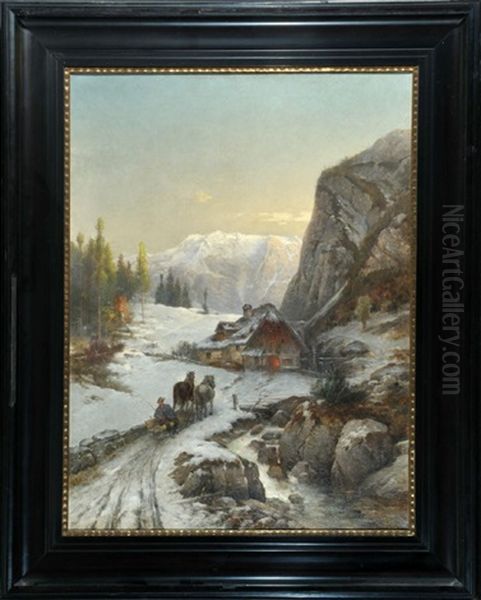 Heimkehrender Bauer Mit Pferdeschlitten Im Verschneiten Gebirge Mit Wildbach by Konrad Wimmer