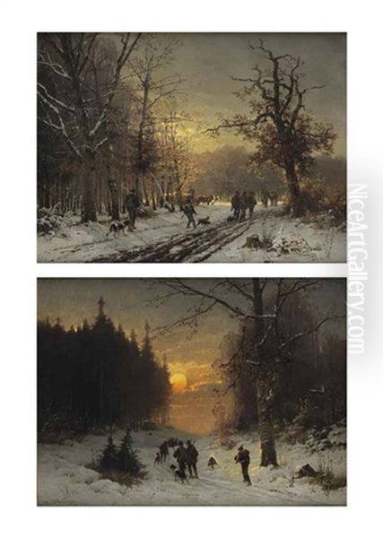 Hunters In The Snow And Hunting Scene (2 Works) Oil Painting by Konrad Wimmer