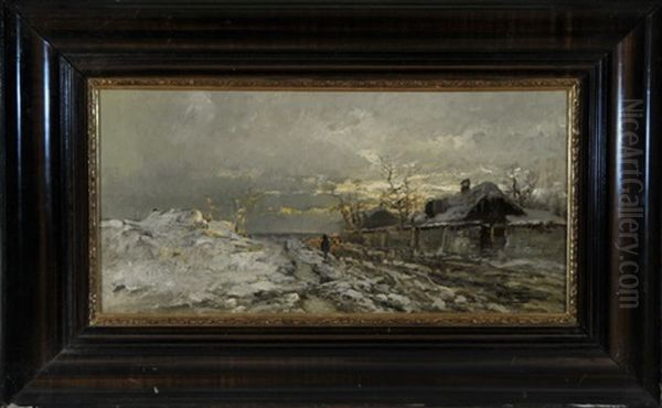 Winterabend - Ein Schafer Treibt Seine Herde Die Dorfstrase Entlang Oil Painting by Konrad Wimmer