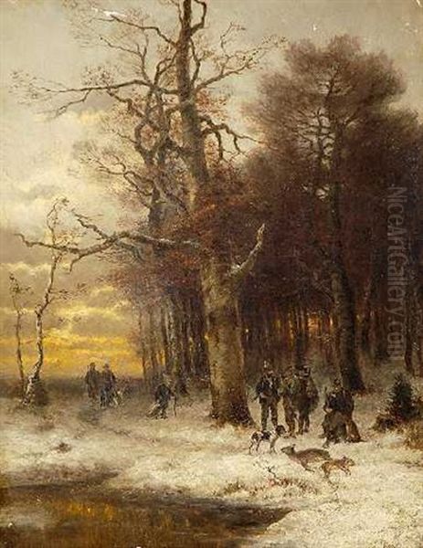 Jager Mit Jagdhunden Und Erlegtem Wild In Winterlandschaft Oil Painting by Konrad Wimmer