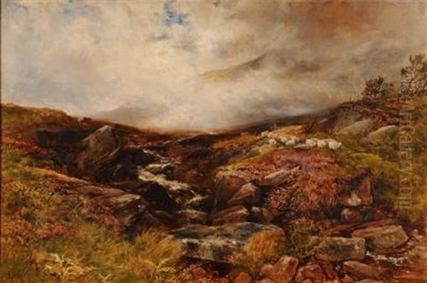 Moorland With Rocky Stream In The Foreground And A Shepherd On A Pony In The Distance Oil Painting by Edmund Morison Wimperis