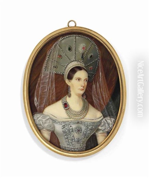 Alexandra Feodorovna (1798-1860), Empress Of Russia, Nee Princess Charlotte Of Prussia, In Silver Off-the-shoulders Dress Embellished With Pearls And Rubies Oil Painting by Iwan Winberg