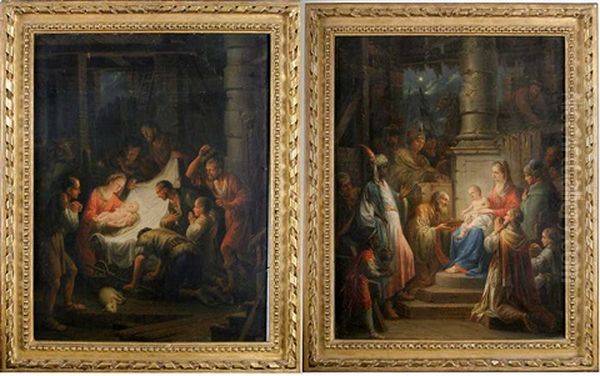 L'adoration Des Bergers (+ L'adoration Des Rois Mages; Pair) Oil Painting by Christian (Johann C. Thomas) Winck