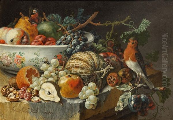 Peaches, Pears, An Apple, Plums And Grapes In A Porcelain Bowl With Other Fruit On A Stone Ledge With A Robin And Various Insects; And Apples, Grapes, Pears And Strawberries In A Porcelain Bowl And Other Fruit On A Stone Ledge With A Goldfinch And Various Oil Painting by Johann Amandus Winck