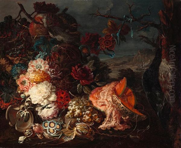 An Opulent Floral Still Life With Game Birds And Fruit, With A Landscape Beyond Oil Painting by Johann Amandus Winck