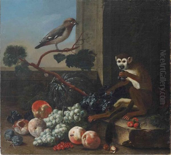 Plums, Peaches, White And Black Grapes, A Pumpkin, Together With A Monkey On A Stone Terrace And A Goldfinch Seated On A Grape Vine Oil Painting by Johann Amandus Winck