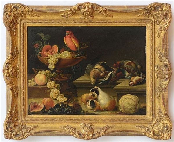 Still Life With Parrot, Game Fowl, Guinea Pigs And Fruit Oil Painting by Johann Amandus Winck