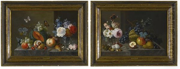 Flowers And Fruit On A Stone Ledge With Butterflies And Mice: A Pair Of Still Lifes Oil Painting by Johann Amandus Winck