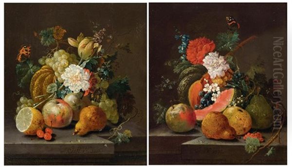 Pair Of Works: Still Life Of Fruits And Flowers On A Plinth Oil Painting by Johann Amandus Winck