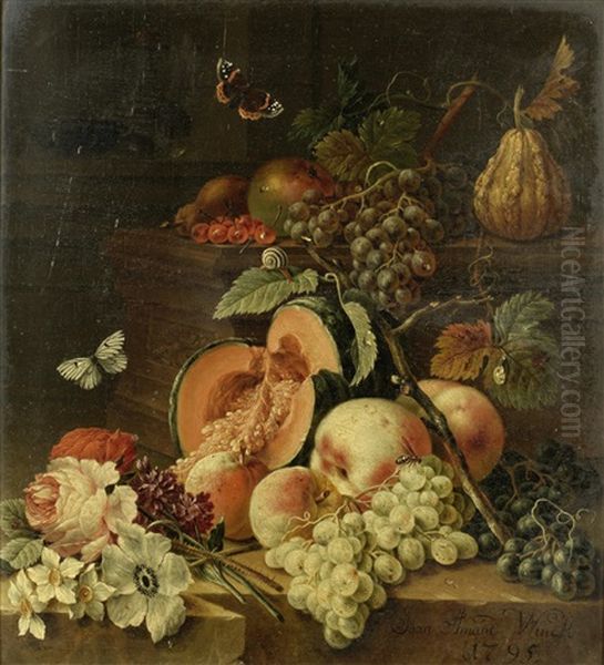 A Melon, Peaches And Grapes On A Stone Ledge With Snails; And A Split Melon, Peaches, Grapes And Various Flowers On A Stone Ledge (pair) Oil Painting by Johann Amandus Winck