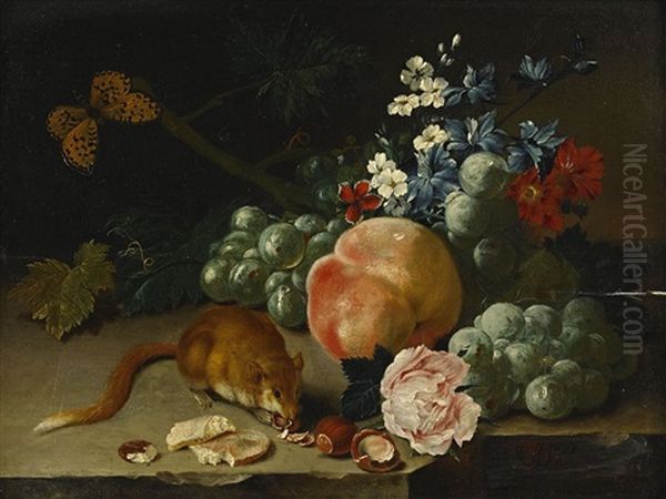 Still Life With Hazelnuts, Fruit And Flowers Oil Painting by Johann Amandus Winck