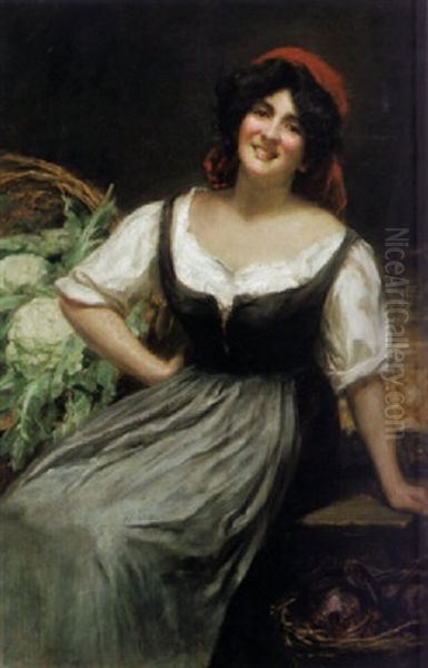 Portrait Einer Lachenden Italienischen Marktfrau Vor Zweibeln, Radicchio Und Kohl Oil Painting by Willibald Winck