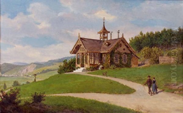 Kleine Villa Und Spazierganger In Niederosterreichischer Landschaft Oil Painting by Berthold Winder