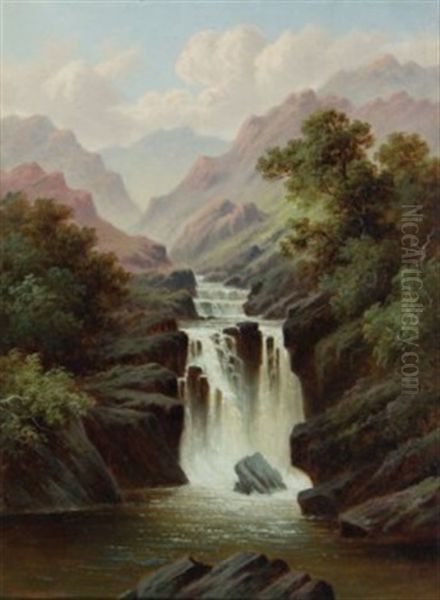 A Waterfall In A Mountain Landscape (+ A Figure By A Lake In A Mountain Landscape; Pair) Oil Painting by Daniel H. Winder