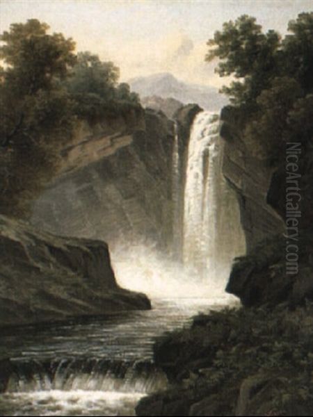 A Waterfall In A Mountainous Rocky Landscape Oil Painting by Daniel H. Winder