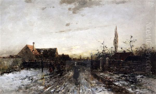 Figures On A Street In Winter Oil Painting by Anton Windmaier the Elder