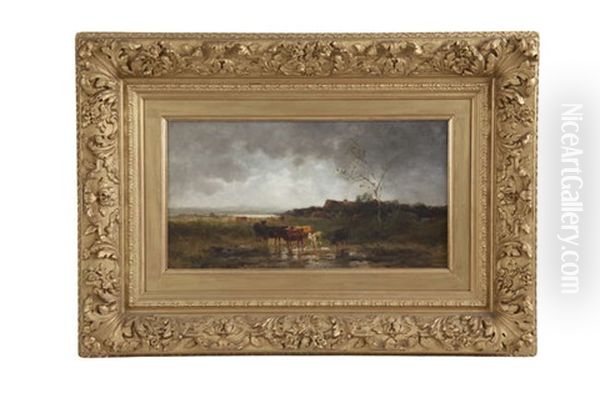 Cattle Watering In An Extensive Landscape With Storm Clouds Oil Painting by Anton Windmaier the Elder