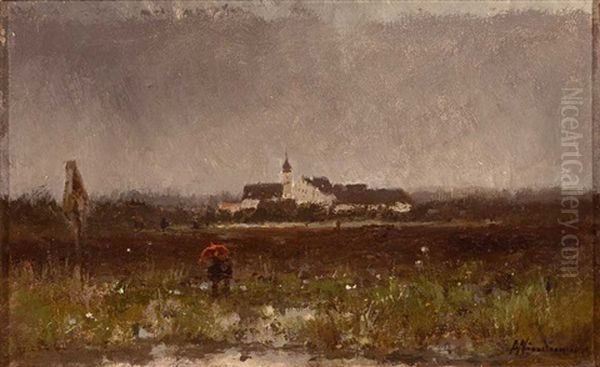 Unter Einem Roten Regenschirm Spazierendes Paar Oil Painting by Anton Windmaier the Elder