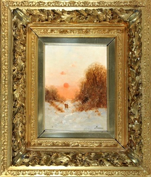 Personen In Winterlandschaft Bei Sonnenuntergang Oil Painting by Anton Windmaier the Elder